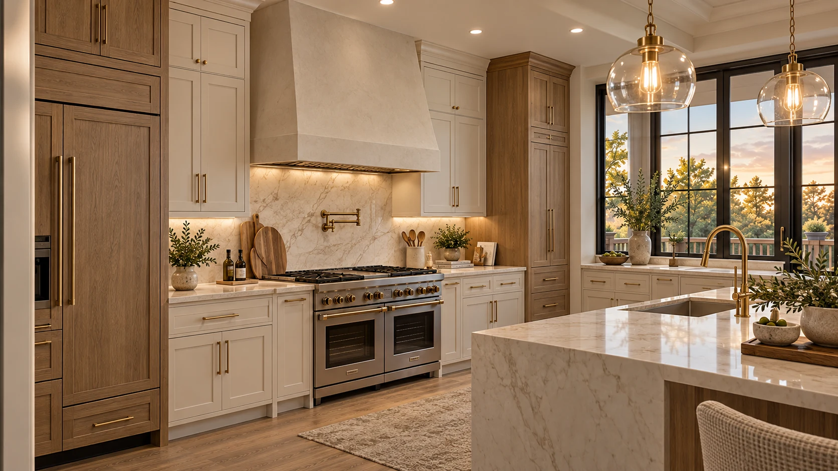 Conceptual finished kitchen with warm wood cabinetry, light cabinets, marble surfaces, and brass fixtures