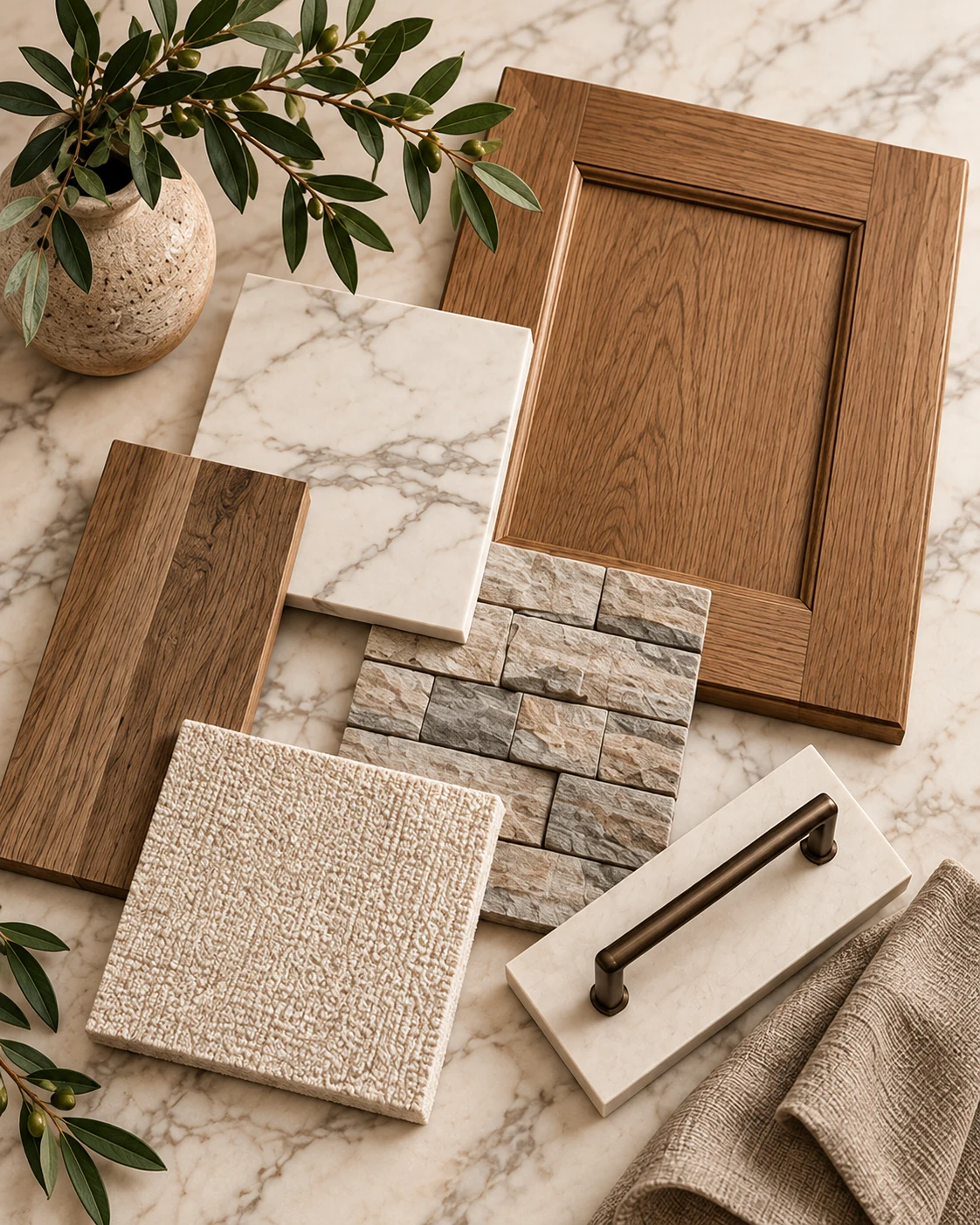 Conceptual material palette with warm wood cabinetry, stone, flooring, neutral textiles, and dark metal hardware